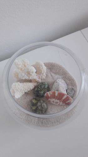 a glass bowl filled with rocks and seashells at apartman-maja-krk in Krk