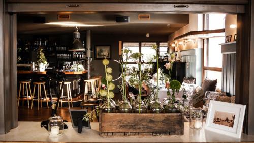 a room with a bunch of plants in vases on a table at Hafen 17 Hotel Küche Bar in Kehl am Rhein