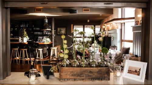 um quarto com um monte de plantas em vasos sobre uma mesa em Hafen 17 Hotel Küche Bar em Kehl am Rhein