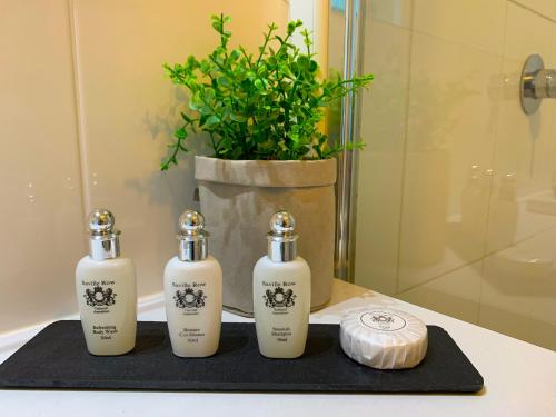 three bottles of soap and a plant in a bathroom at Wallaroo Marina Luxury Apartment in Wallaroo