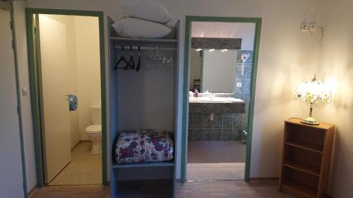 a bathroom with a sink and a toilet and a mirror at Auberge le Cévenol in La Cavalerie