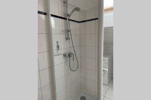 y baño con ducha y puerta de cristal. en Appartement F2 proche La Bresse en Basse-sur-le-Rupt