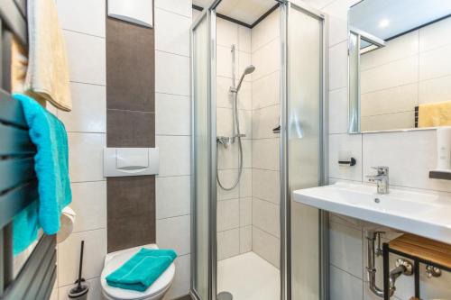 a bathroom with a shower and a toilet and a sink at Landgasthof Neuwirt in Lofer