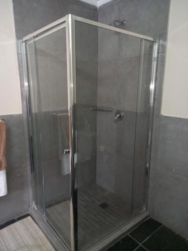 a shower with a glass door in a bathroom at Troas Boutique hotel in Vanderbijlpark