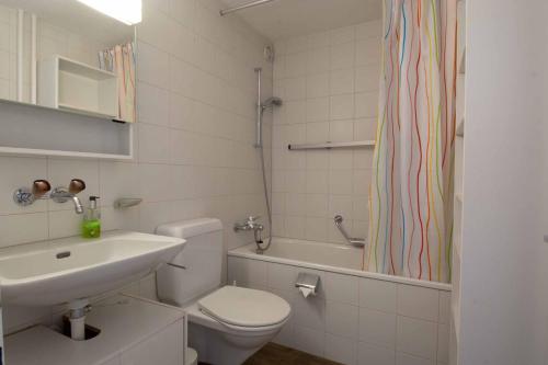y baño con aseo, lavabo y ducha. en Ferienwohnung Studio Selvea, en Adelboden