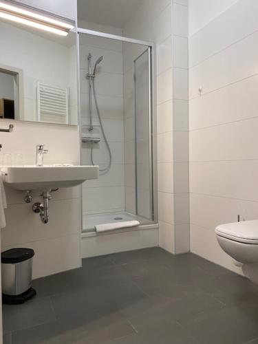 a bathroom with a shower and a sink and a toilet at Hotel Continental in N&uuml;rnberg