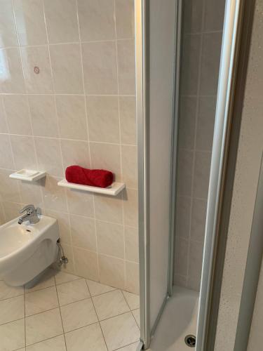 a bathroom with a shower and a toilet and a sink at Bachlaufen Haus in Sesto