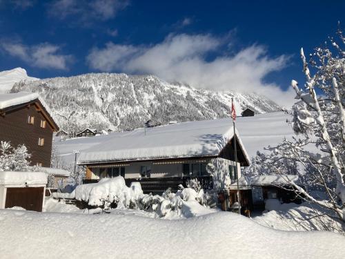 a house covered in snow in front of a mountain at Ferienwohnung Haus am Bach in Toggenburg in Wildhaus