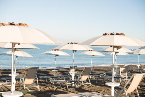 a group of chairs and umbrellas on a beach at CSA Hotel Beach & Park in Marina di Bibbona