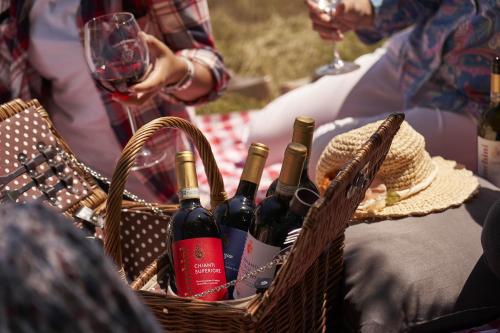 a basket of wine bottles and a person holding a wine glass at Villa Medicea di Lilliano in Grassina