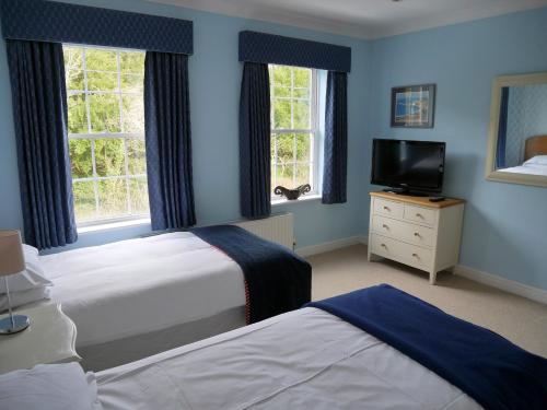 a bedroom with two beds and a tv and two windows at Mandalay Holiday Home in Amesbury