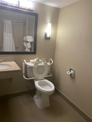 a bathroom with a toilet and a sink and a mirror at Comfort Inn in Springfield