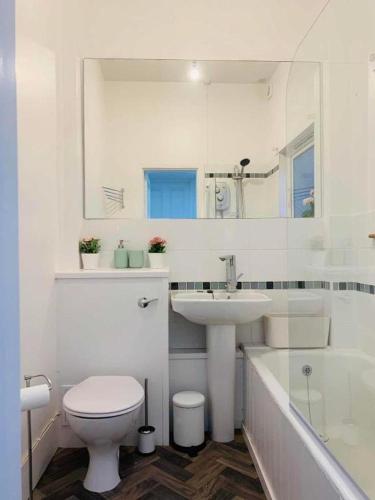a white bathroom with a toilet and a sink at 21 Melbourne Place Studios in St. Andrews