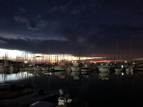 a group of boats docked in a marina at night at Apartments & Rooms Nardin in Izola