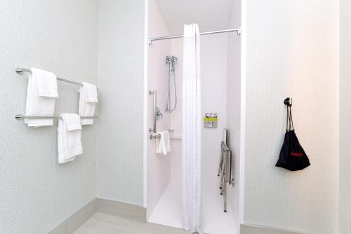 a bathroom with a shower with white towels at Holiday Inn Express & Suites - Elko by IHG in Elko