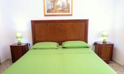 una camera con un letto verde con due cuscini verdi di La casa di Bellippa a Tricase