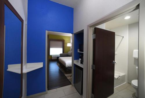 a blue room with a bed and a bathroom at Holiday Inn Express Seguin, an IHG Hotel in Seguin