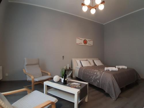 1 dormitorio con 1 cama, 1 silla y 1 mesa en Central Apartment Budapest, en Budapest