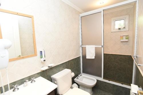 a bathroom with a toilet and a sink and a shower at Kau Si Aike in El Chalten
