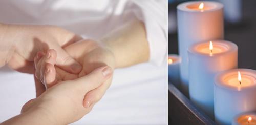 two pictures of a person praying with candles at Es Baulo Petit Hotel in Can Picafort