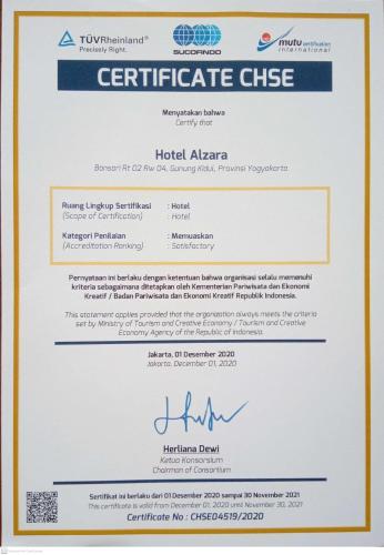 Certifikát, hodnocení, plakát nebo jiný dokument vystavený v ubytování Alzara Hotel Syariah