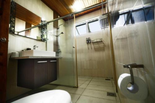 a bathroom with a shower and a sink and a toilet at Tioman Dive Resort in Tioman Island