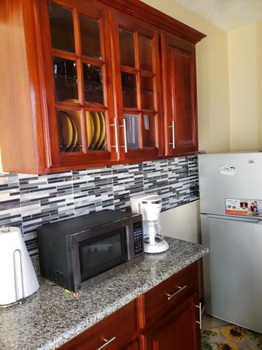 a kitchen with a microwave and a refrigerator at Irie HideAway - Private Studio in Gated Community --Caribbean Estates, Portmore in Goshen Pen