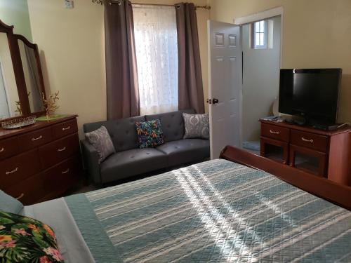 1 dormitorio con cama, sofá y TV en Irie HideAway - Private Studio in Gated Community --Caribbean Estates, Portmore, en Goshen Pen