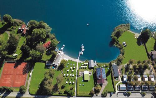 an aerial view of a mansion with a lake at Seehotel Hoffmann in Steindorf am Ossiacher See
