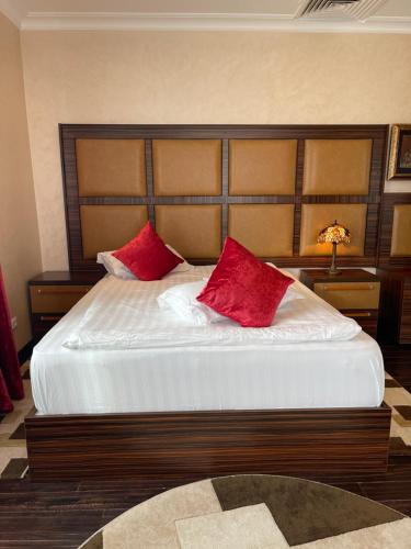 a bedroom with a large bed with two red pillows at Rooftop studio in Craiova