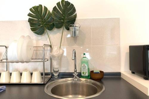 a kitchen counter with a sink and a plant at ZY Studio @ EVO SOHO Bangi [ASTRO WiFi NETFLIX] in Bangi