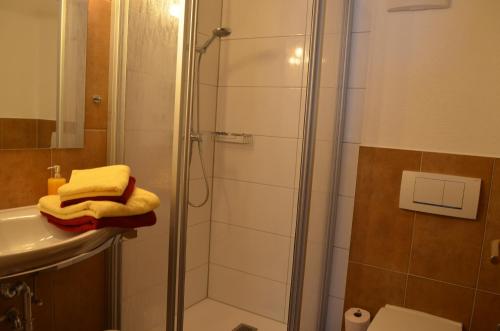 a bathroom with a shower and a sink at Haus Regenbogen in Pertisau