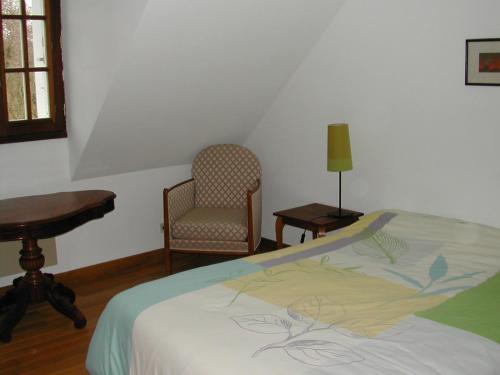 Schlafzimmer mit einem Bett, einem Schreibtisch und einem Stuhl in der Unterkunft gîte de la Herpinière in Cheillé