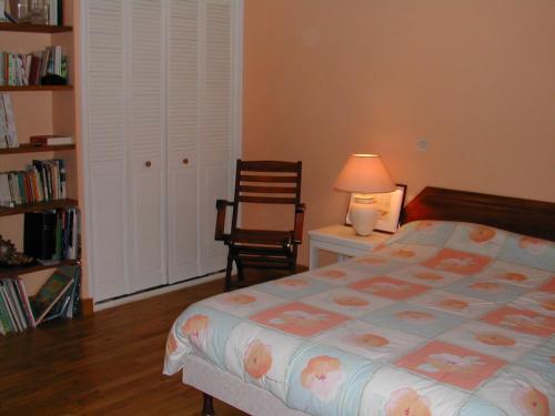 ein Schlafzimmer mit einem Bett, einem Stuhl und einer Lampe in der Unterkunft gîte de la Herpinière in Cheillé