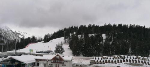 a ski resort with a snow covered mountain and trees at Chalet Golf Campiglio / LuxApt / fronte piste-impianti-golf in Madonna di Campiglio