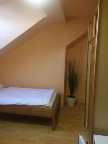 a bedroom with a bed and a potted plant at Y HOSTEL in Balatonlelle