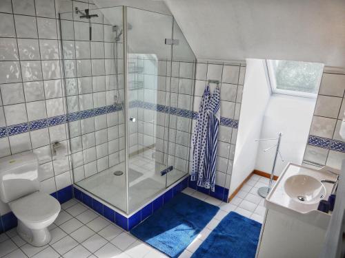 y baño con ducha, aseo y lavamanos. en Landhaus am See von Robertville, en Waimes