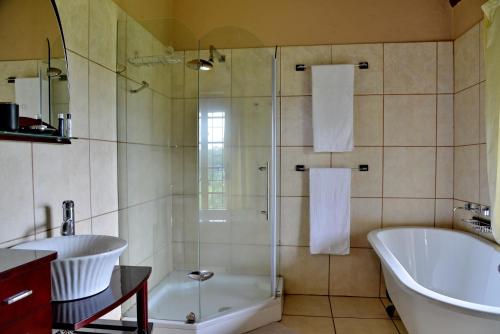 a bathroom with a shower and a tub and a sink at Owls Loft Guest House in Midrand