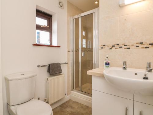 a bathroom with a toilet and a sink and a shower at The Stables in Taunton