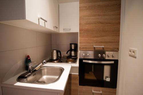 a kitchen with a sink and a stove at main Appartments in Kelsterbach