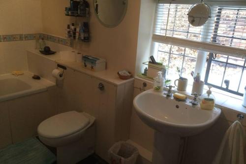 a bathroom with a white toilet and a sink at Cathedral View Cottage, Canterbury in Kent