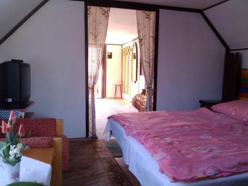 ein Schlafzimmer mit einem Bett und einem TV in einem Zimmer in der Unterkunft Zách Klára utcai Apartman in Visegrád