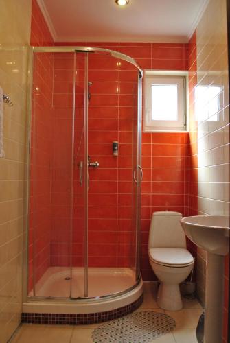 a bathroom with a shower and a toilet at Nakhodka Inn in Mykolaiv