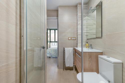 een badkamer met een toilet, een wastafel en een douche bij Triana Flat, 3mn from plaza de Cuba in Sevilla
