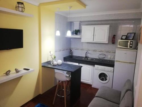 eine kleine Küche mit einer Spüle und einem Herd Top-Backofen in der Unterkunft One bedroom appartement with sea view terrace and wifi at Lajes Do Pico in Lajes do Pico