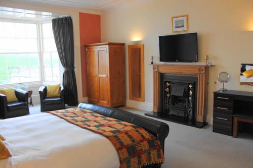 a bedroom with a bed and a fireplace and a television at The Olive Branch in Ilfracombe