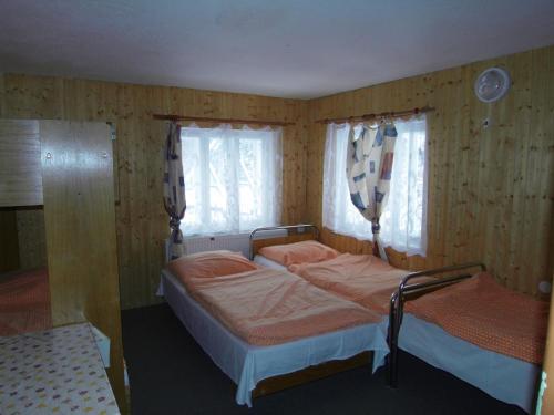 a bedroom with a bed and two windows at Chata Morávka Rejdice in Kořenov