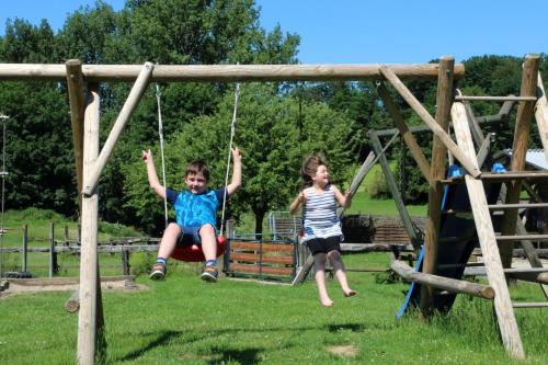 two children playing on swings in a park at Xavers Ranch in Meschede