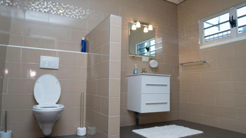 a bathroom with a toilet and a sink and a mirror at Liberdada Suites in Wanica