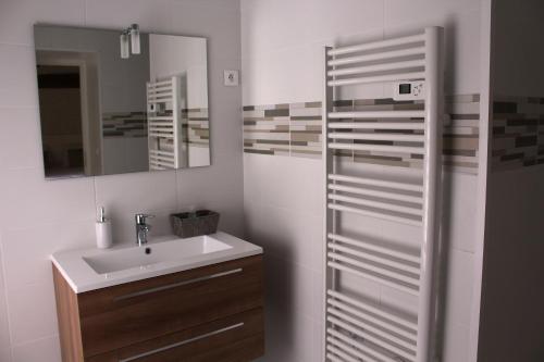 une salle de bain avec un lavabo et un miroir dans l'établissement Flore des Marais, à Vix